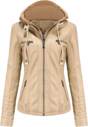 Hooded Leather Jacket Women, Zip up Motorcycle Short PU Moto Biker Outwear, Plus Size Slim Coat Hoodies