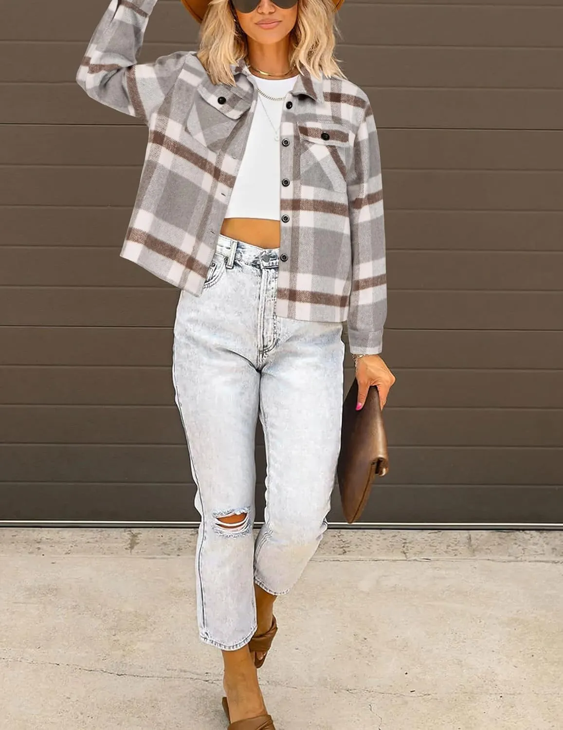 HOTOUCH Womens Flannels Fall Cropped Shacket Plaid Jacket Long Sleeve Button Down Coat 2024 Fall Fashion Trendy Outfits