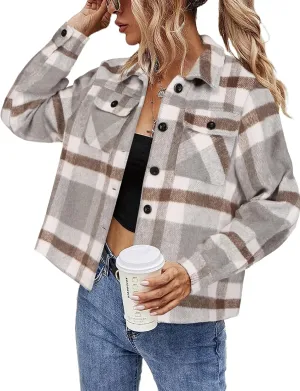 HOTOUCH Womens Flannels Fall Cropped Shacket Plaid Jacket Long Sleeve Button Down Coat 2024 Fall Fashion Trendy Outfits