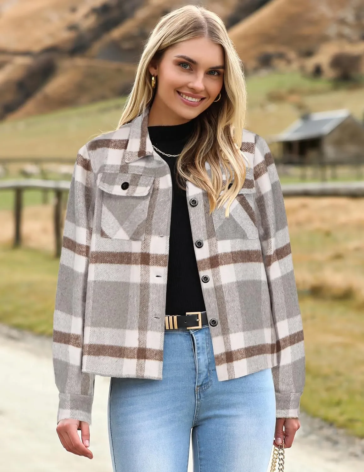 HOTOUCH Womens Flannels Fall Cropped Shacket Plaid Jacket Long Sleeve Button Down Coat 2024 Fall Fashion Trendy Outfits