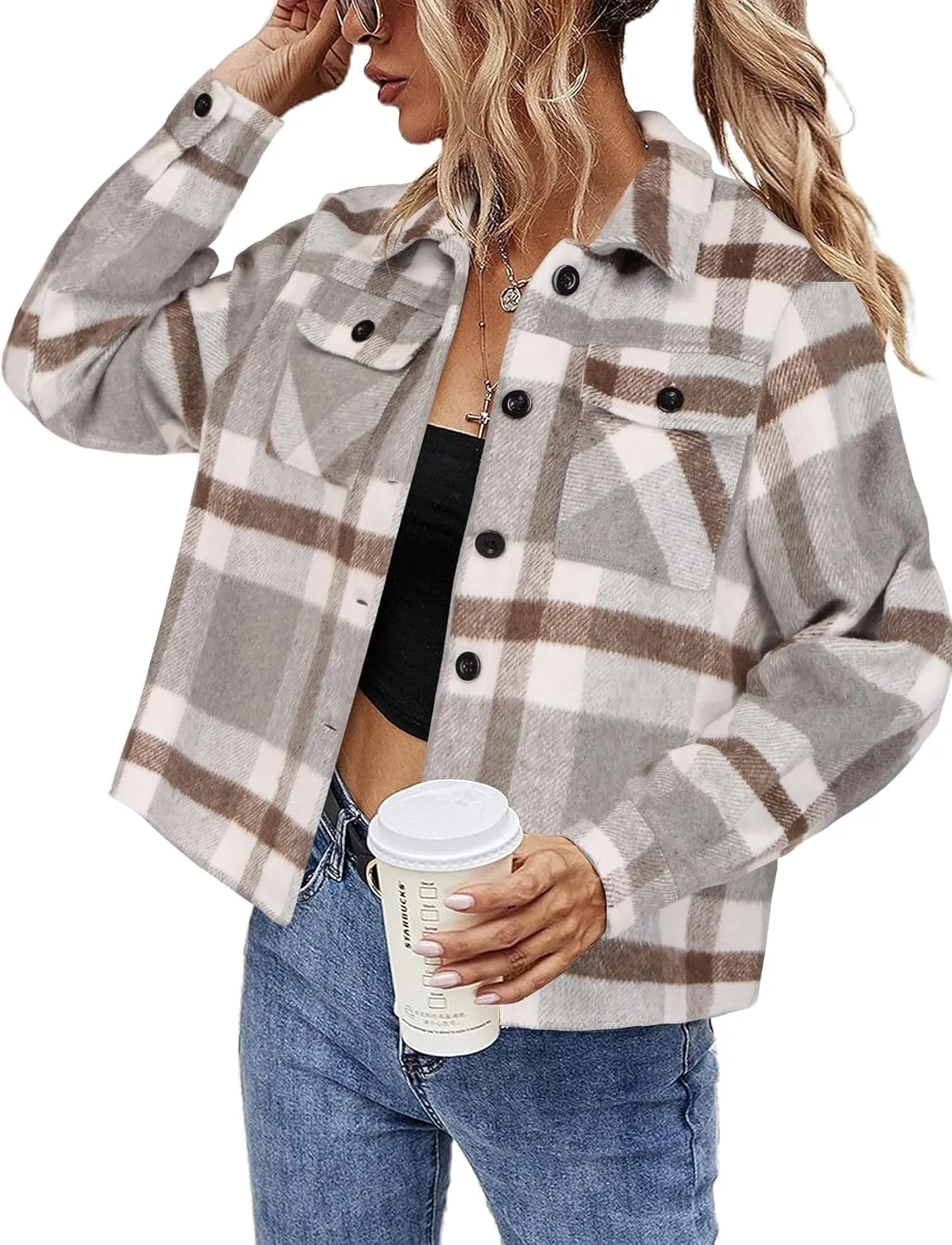 HOTOUCH Womens Flannels Fall Cropped Shacket Plaid Jacket Long Sleeve Button Down Coat 2024 Fall Fashion Trendy Outfits
