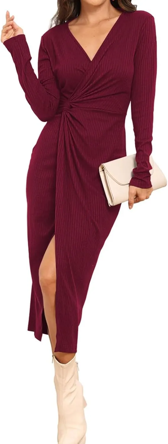 Hount Women's 2024 Fall V Neck Long Sleeve Sweater Dress Casual Ribbed Knit Bodycon Midi Cocktail Dress with Slit
