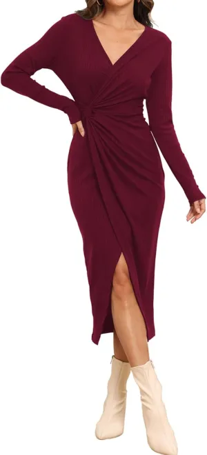 Hount Women's 2024 Fall V Neck Long Sleeve Sweater Dress Casual Ribbed Knit Bodycon Midi Cocktail Dress with Slit