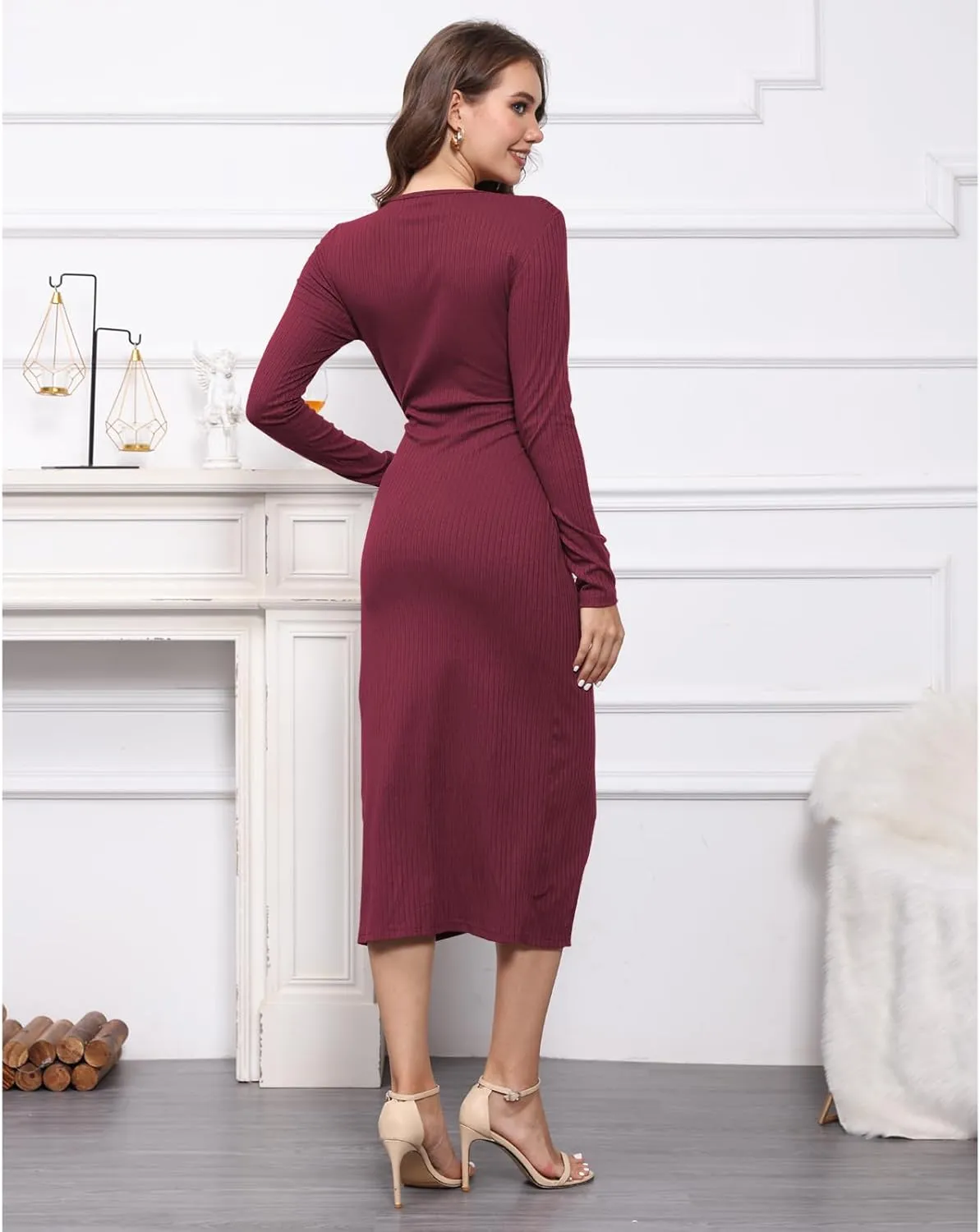 Hount Women's 2024 Fall V Neck Long Sleeve Sweater Dress Casual Ribbed Knit Bodycon Midi Cocktail Dress with Slit