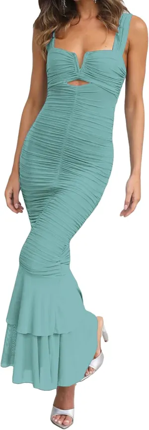 houstil Women's Strap Wedding Guest Dress Wrinkles Mesh Bodycon Party Maxi Cocktail Cut Out Clubwear Summer