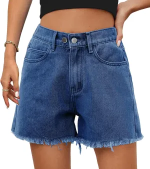 HVEPUO Women High Waisted Frayed Raw Hem Jean Shorts Summer Elastic Waist Casual Straight Leg Button Adjustable Denim Shorts