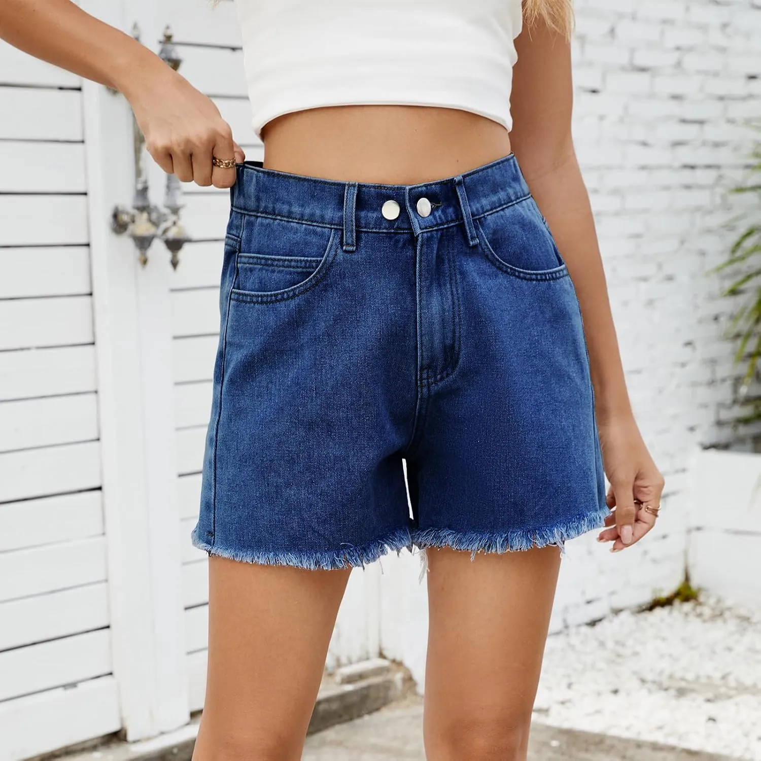 HVEPUO Women High Waisted Frayed Raw Hem Jean Shorts Summer Elastic Waist Casual Straight Leg Button Adjustable Denim Shorts