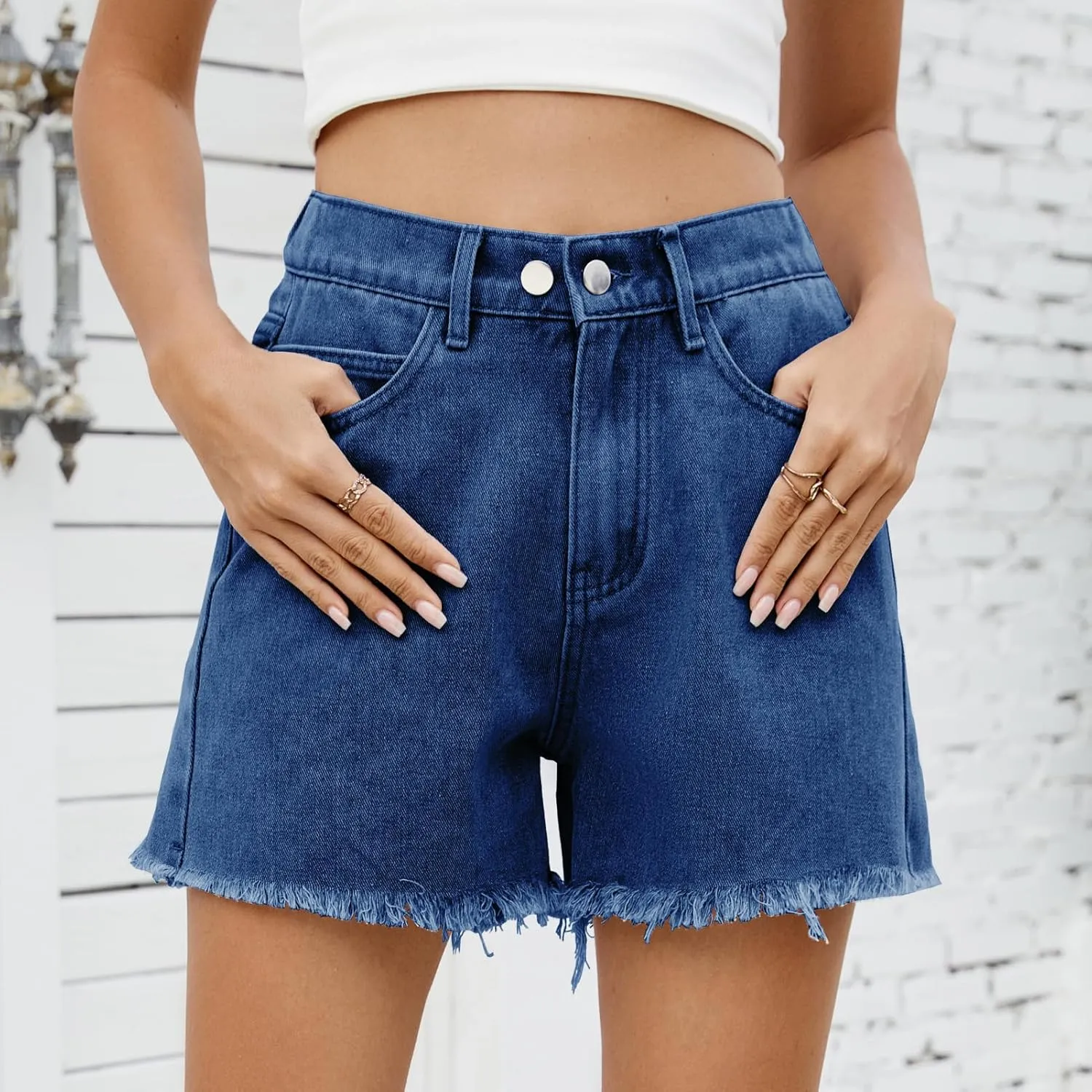 HVEPUO Women High Waisted Frayed Raw Hem Jean Shorts Summer Elastic Waist Casual Straight Leg Button Adjustable Denim Shorts