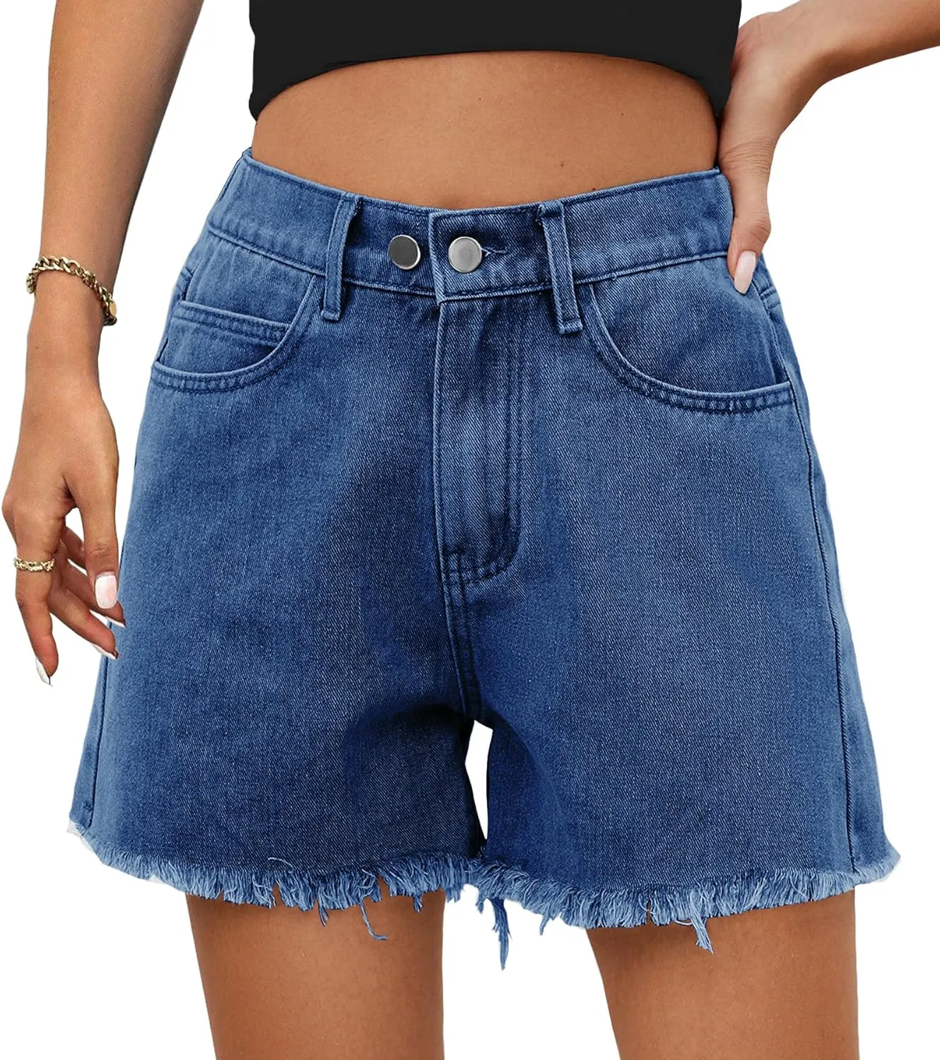 HVEPUO Women High Waisted Frayed Raw Hem Jean Shorts Summer Elastic Waist Casual Straight Leg Button Adjustable Denim Shorts