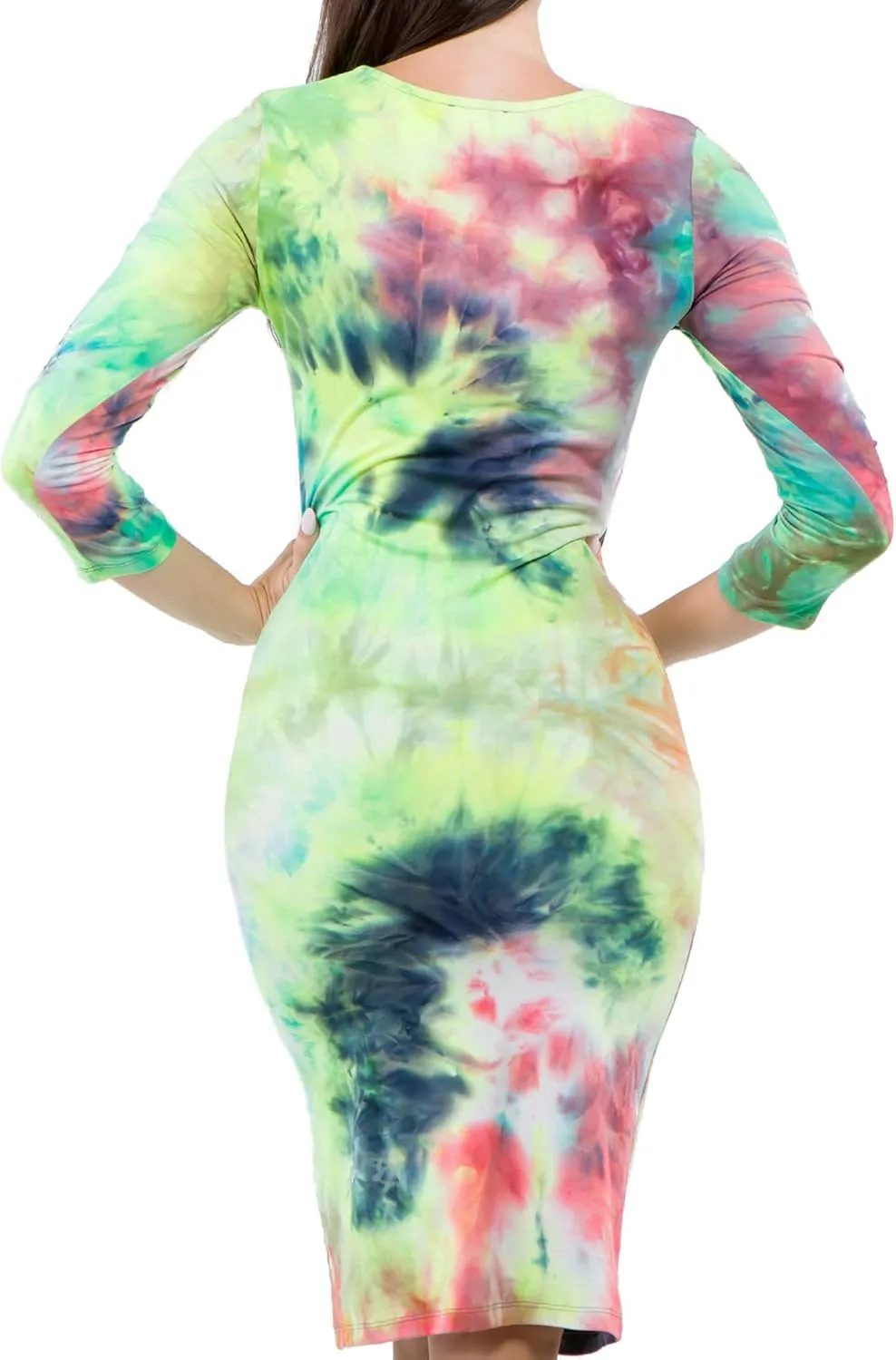 ICONOFLASH Women's 3/4 Sleeves Midi Bodycon Dress Crew Neck Fitted Dresses with Plus Size Options