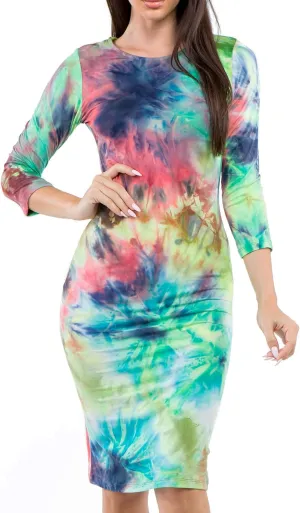 ICONOFLASH Women's 3/4 Sleeves Midi Bodycon Dress Crew Neck Fitted Dresses with Plus Size Options