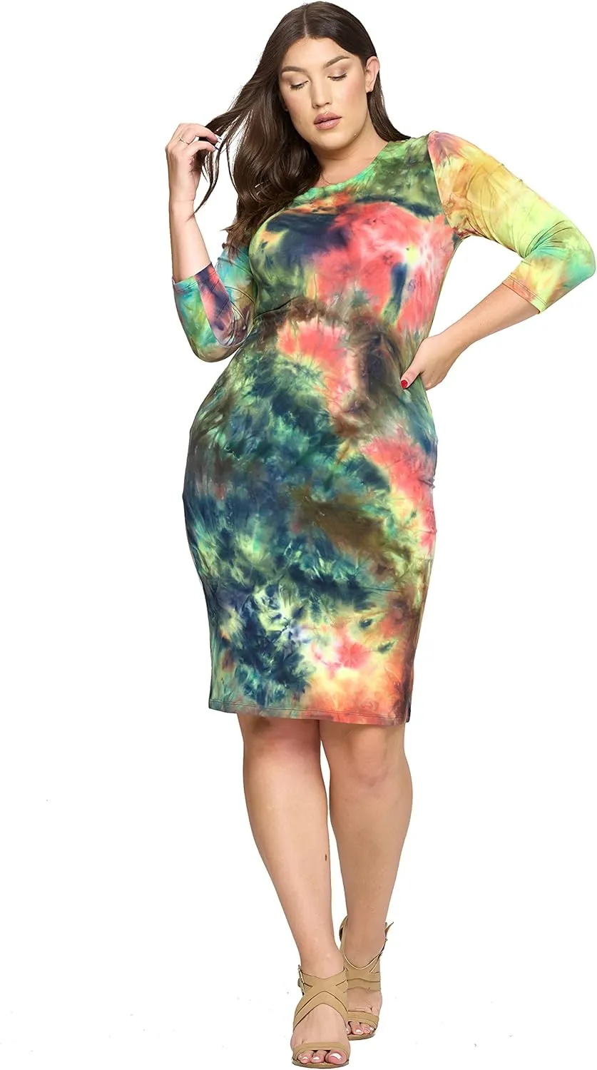 ICONOFLASH Women's 3/4 Sleeves Midi Bodycon Dress Crew Neck Fitted Dresses with Plus Size Options