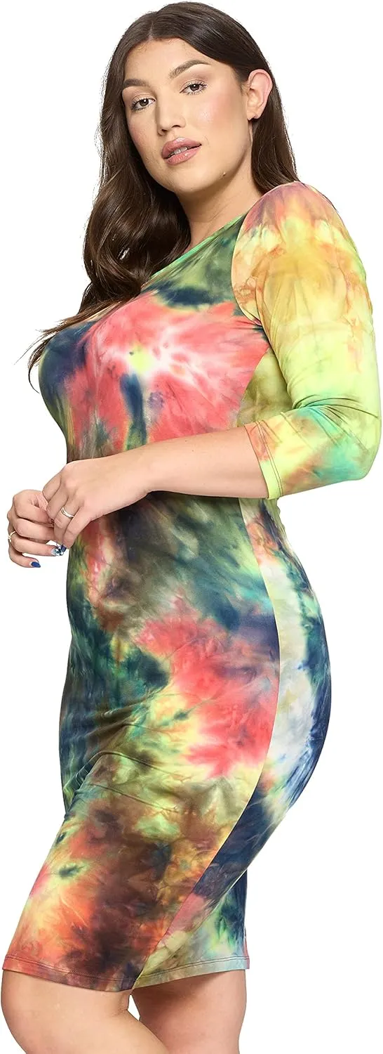 ICONOFLASH Women's 3/4 Sleeves Midi Bodycon Dress Crew Neck Fitted Dresses with Plus Size Options