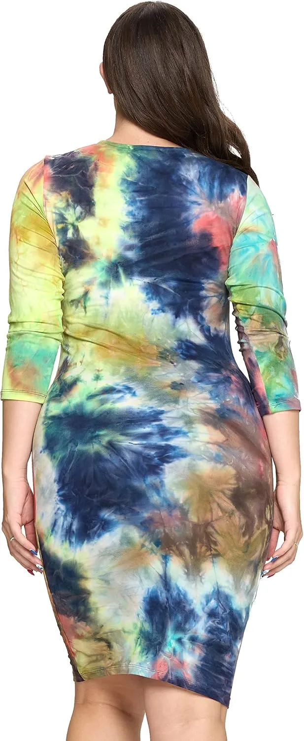 ICONOFLASH Women's 3/4 Sleeves Midi Bodycon Dress Crew Neck Fitted Dresses with Plus Size Options