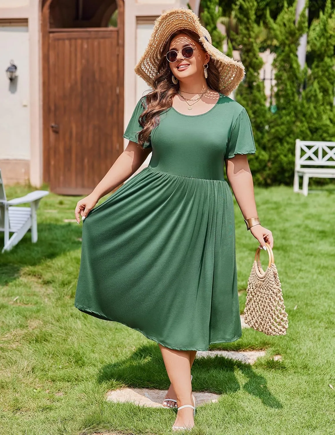 IN'VOLAND Women Plus Size Short Sleeve Dress Loose Summer Casual A-Line Flowy Midi Dresses with Pockets