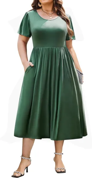IN'VOLAND Women Plus Size Short Sleeve Dress Loose Summer Casual A-Line Flowy Midi Dresses with Pockets