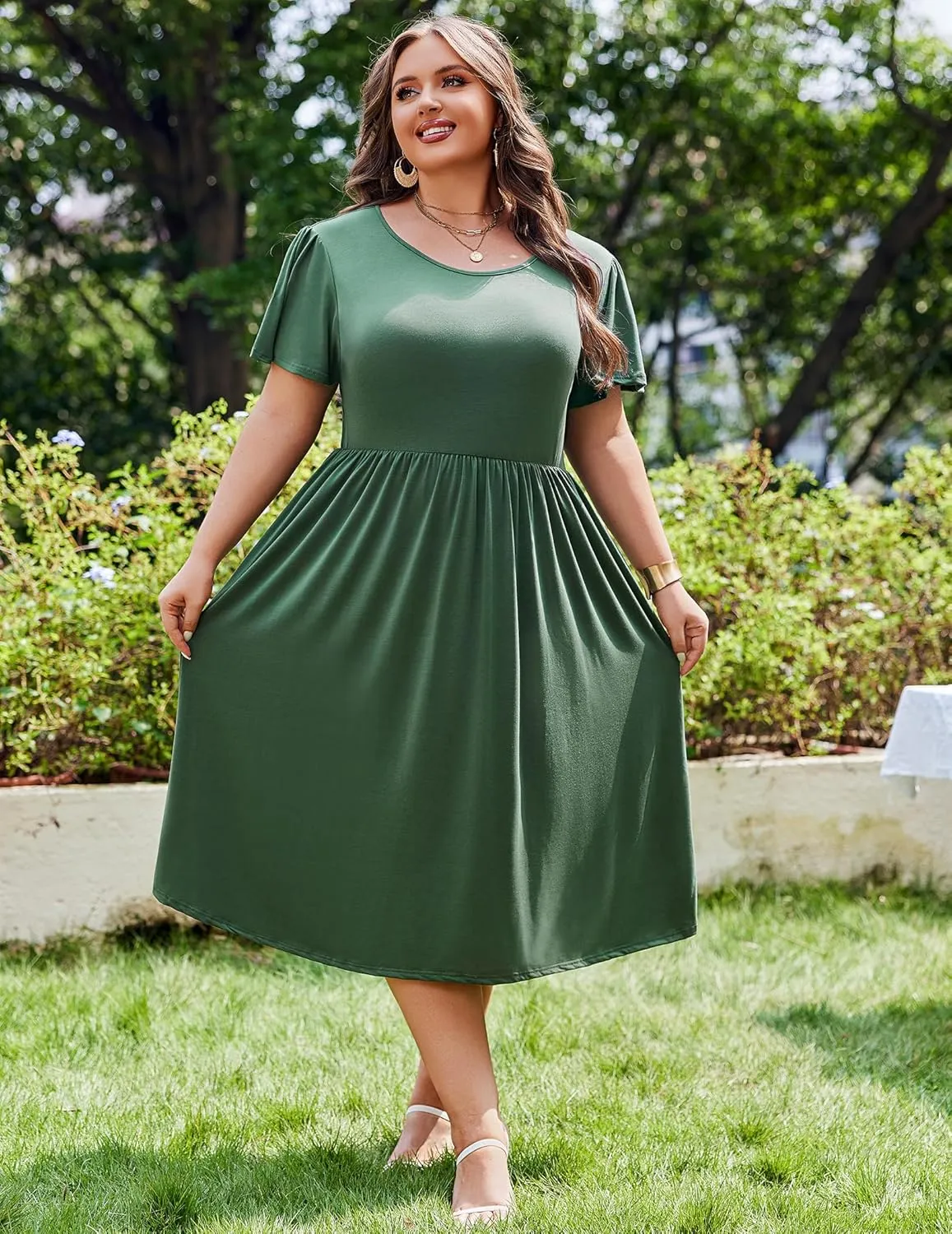IN'VOLAND Women Plus Size Short Sleeve Dress Loose Summer Casual A-Line Flowy Midi Dresses with Pockets