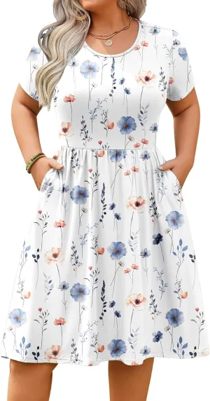IN'VOLAND Womens Plus Size Summer Dress Short Sleeve Casual Mini Dresses Empire Waist T-Shirt Dress with Pockets
