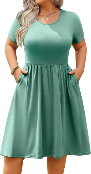 IN'VOLAND Womens Plus Size Summer Dress Short Sleeve Casual Mini Dresses Empire Waist T-Shirt Dress with Pockets