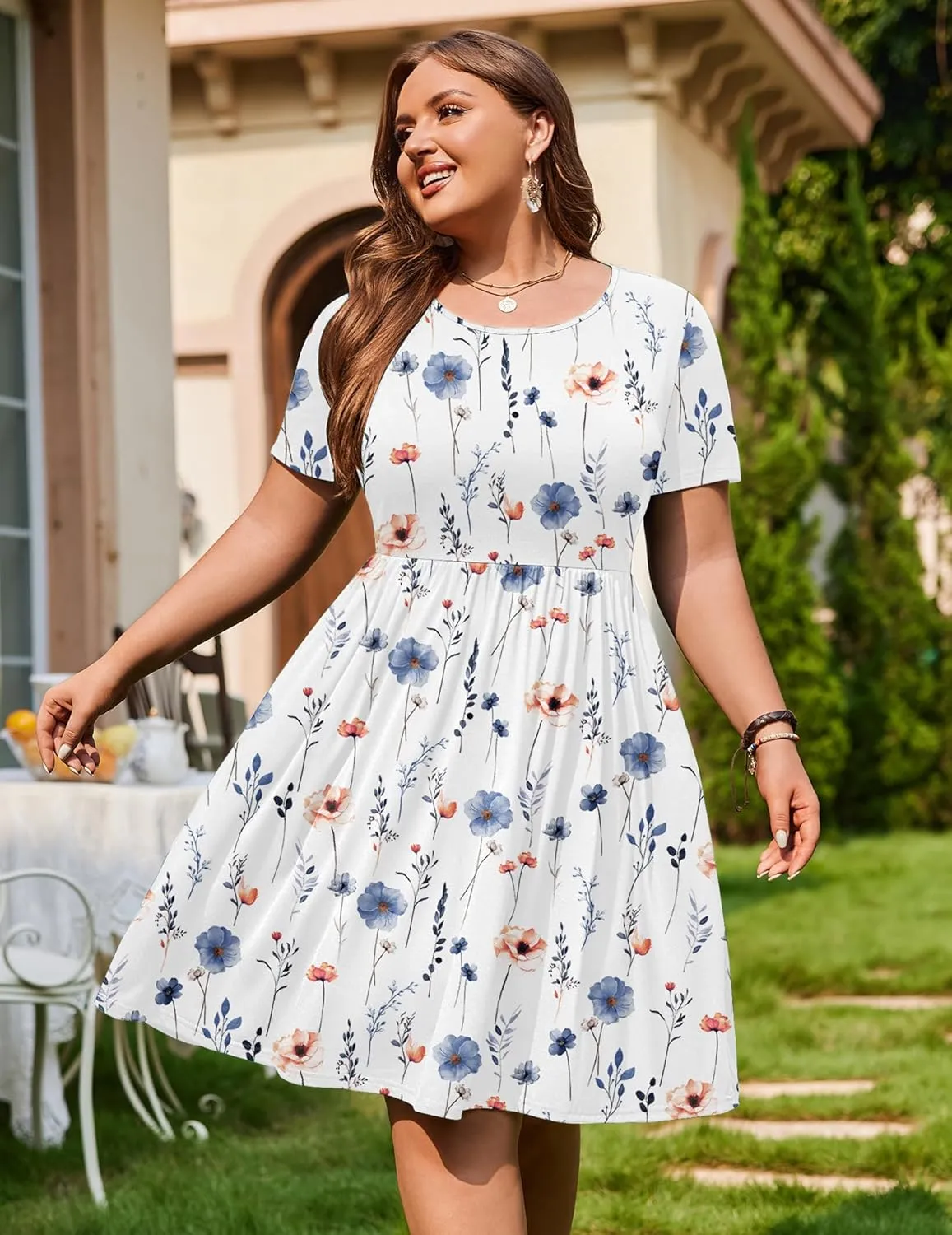IN'VOLAND Womens Plus Size Summer Dress Short Sleeve Casual Mini Dresses Empire Waist T-Shirt Dress with Pockets