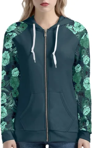 Irisjudy Aztec Ethnic Women Hooded Sweatshirt Flowers Zip up Hoodies Plus Size Hawaii Island Drawstring Hooded Pullover