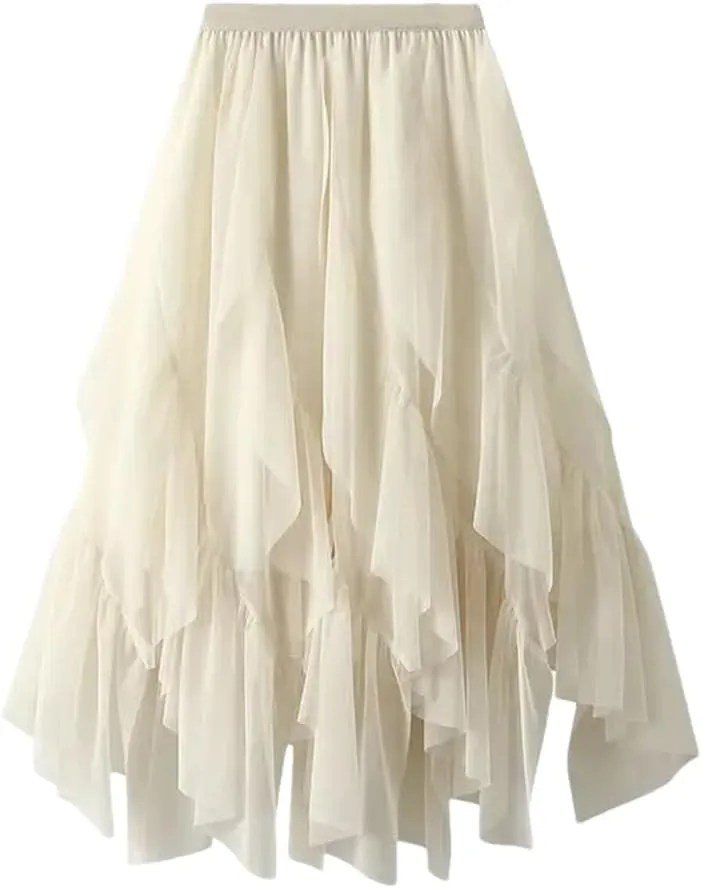Irregular Ruffled Tulle Skirt for Womens High-Waist Mid-Length Draped Mesh Long Skirts