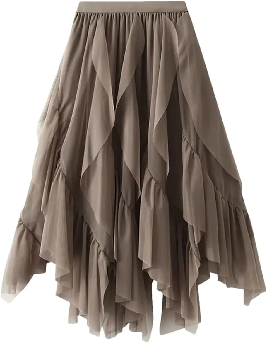 Irregular Ruffled Tulle Skirt for Womens High-Waist Mid-Length Draped Mesh Long Skirts