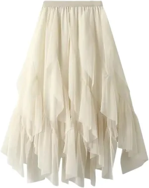 Irregular Ruffled Tulle Skirt for Womens High-Waist Mid-Length Draped Mesh Long Skirts