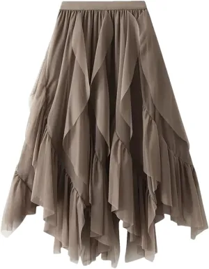 Irregular Ruffled Tulle Skirt for Womens High-Waist Mid-Length Draped Mesh Long Skirts