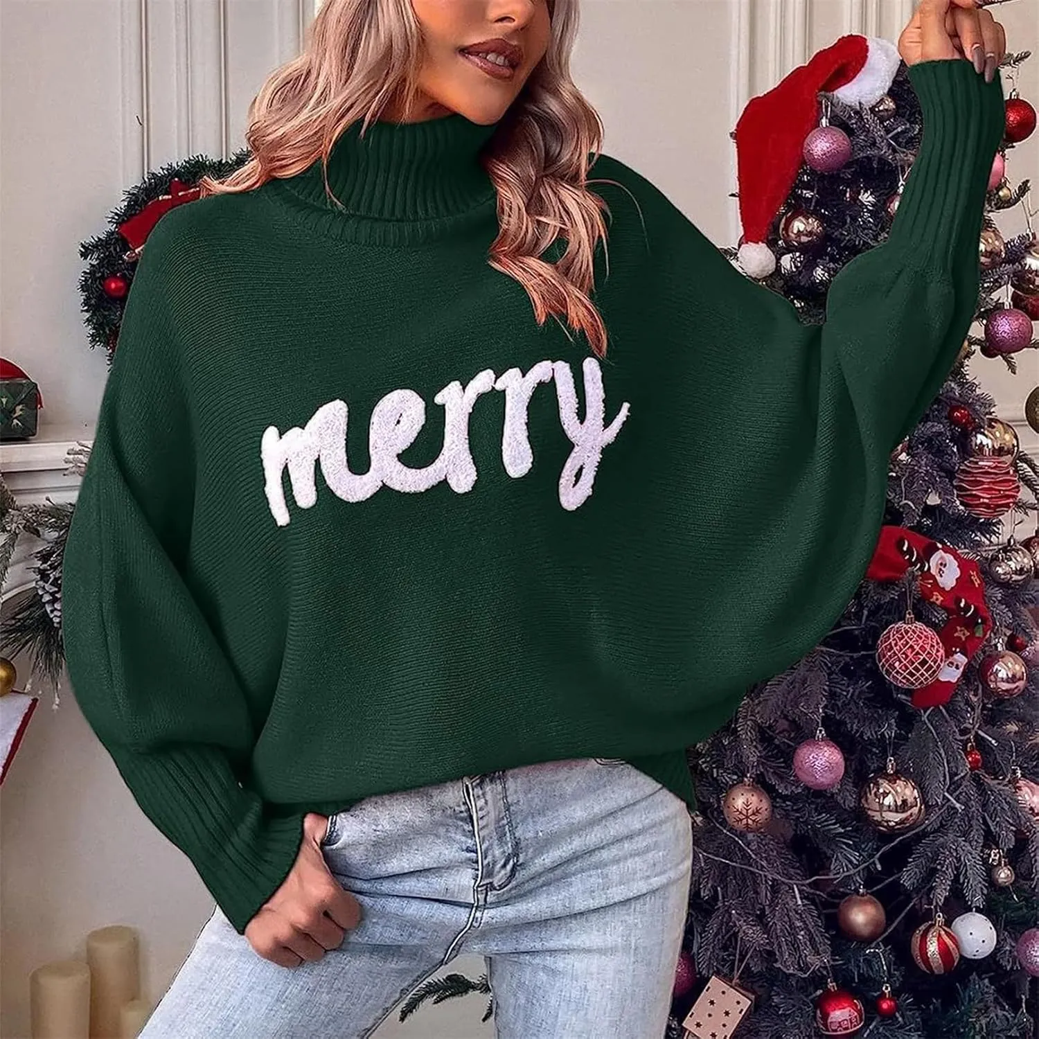 iTranyee Women Ugly Christmas Oversized Turtleneck Pullover Sweater Cute Merry Print Batwing Sleeve Loose Jumper Fall Outfits