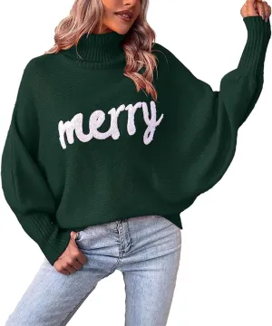 iTranyee Women Ugly Christmas Oversized Turtleneck Pullover Sweater Cute Merry Print Batwing Sleeve Loose Jumper Fall Outfits