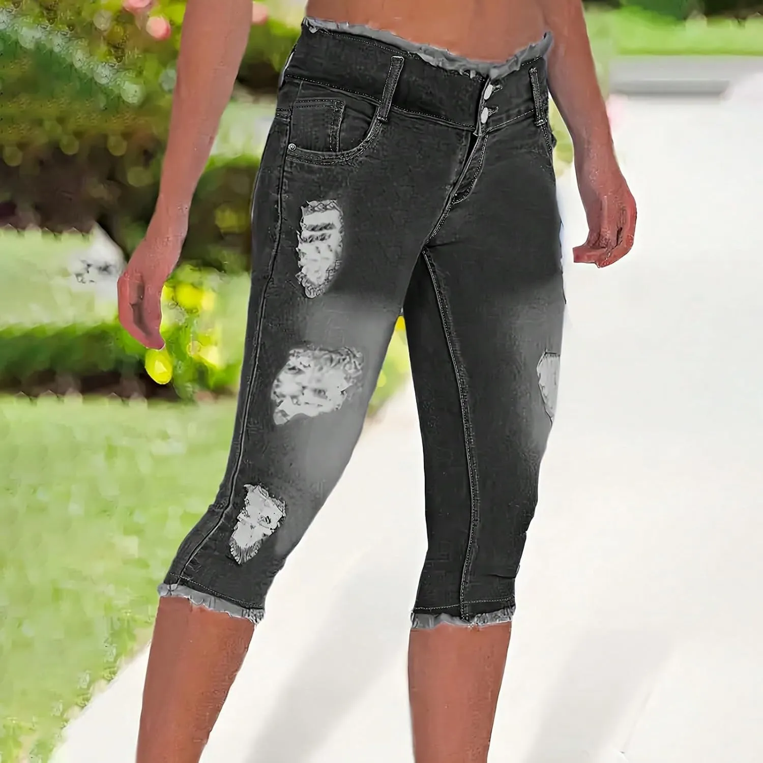 Jean Capris for Women Stretchy Ripped Skinny Raw Hem Stretchy Mid Rise Denim Slim Fit Y2k Capri Jeans with Pockets