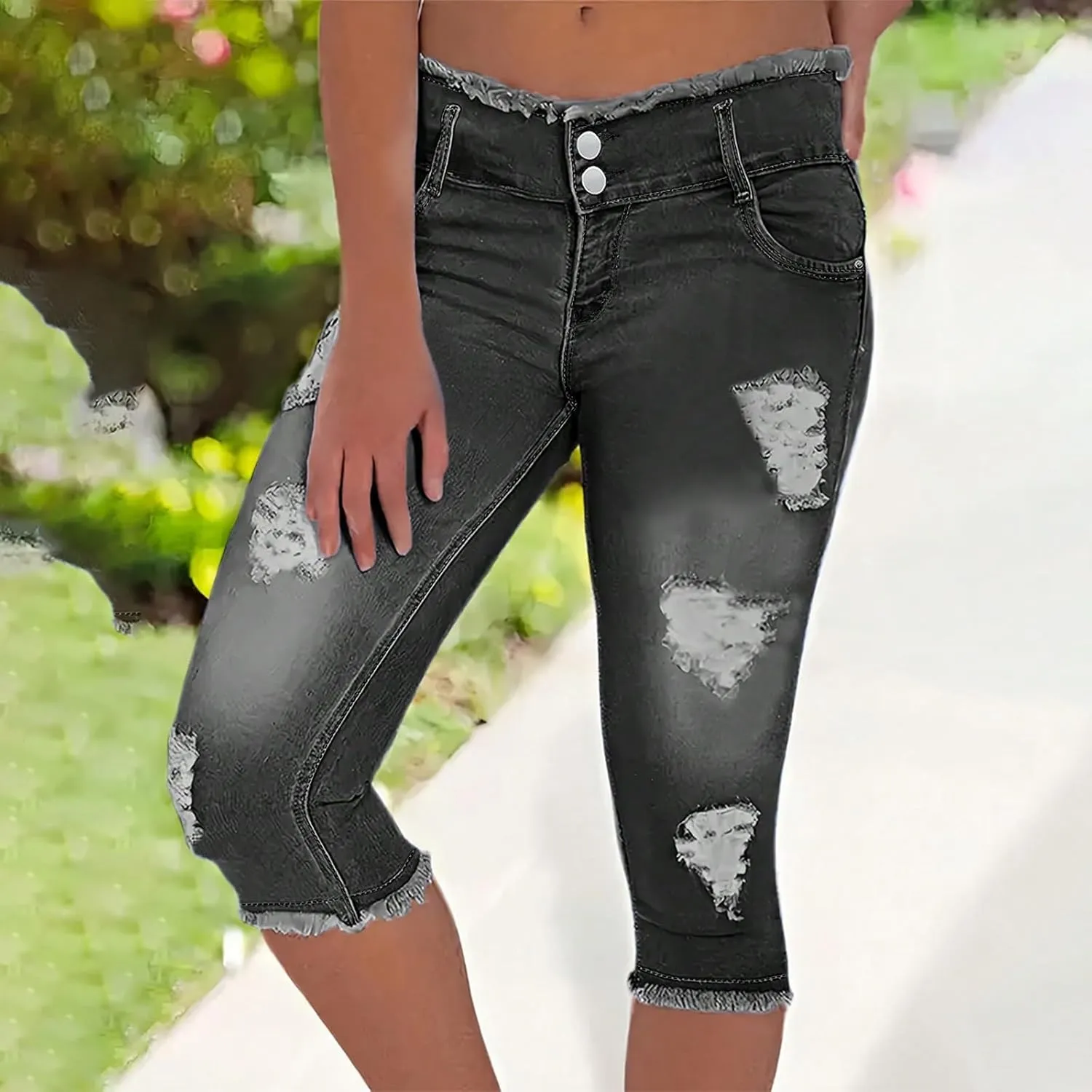 Jean Capris for Women Stretchy Ripped Skinny Raw Hem Stretchy Mid Rise Denim Slim Fit Y2k Capri Jeans with Pockets