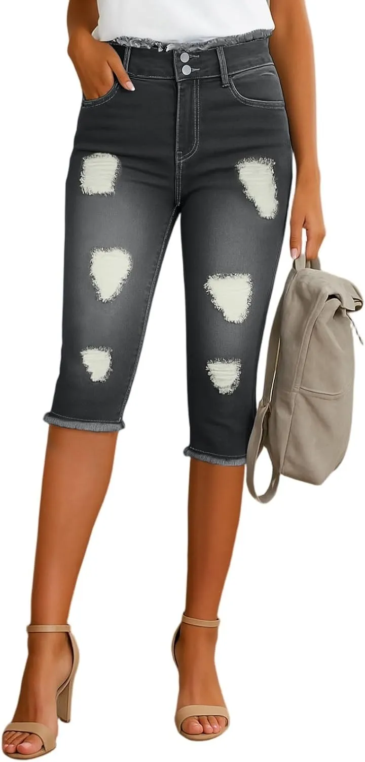 Jean Capris for Women Stretchy Ripped Skinny Raw Hem Stretchy Mid Rise Denim Slim Fit Y2k Capri Jeans with Pockets
