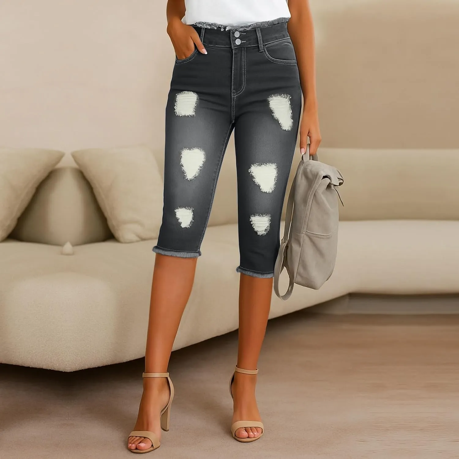 Jean Capris for Women Stretchy Ripped Skinny Raw Hem Stretchy Mid Rise Denim Slim Fit Y2k Capri Jeans with Pockets