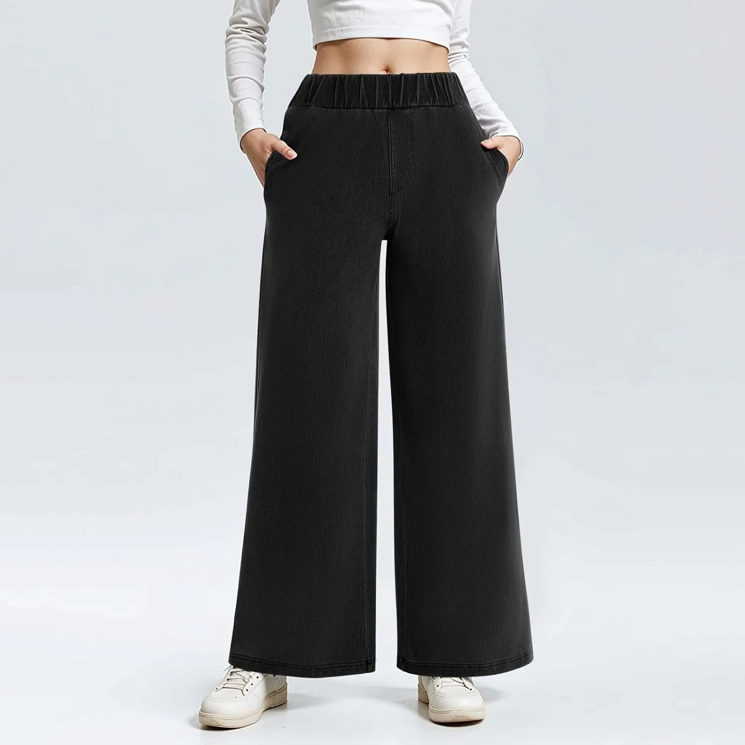 Jeans for Women Stretch High Waisted Wide Leg Jeans Baggy Straight Leg Tummy Control Pull On Denim Pants with Pockets