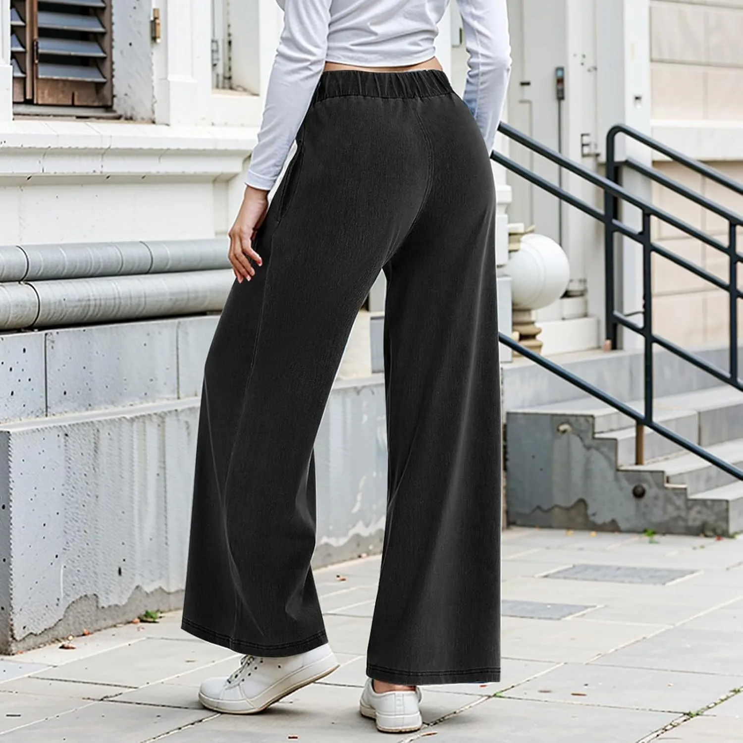 Jeans for Women Stretch High Waisted Wide Leg Jeans Baggy Straight Leg Tummy Control Pull On Denim Pants with Pockets