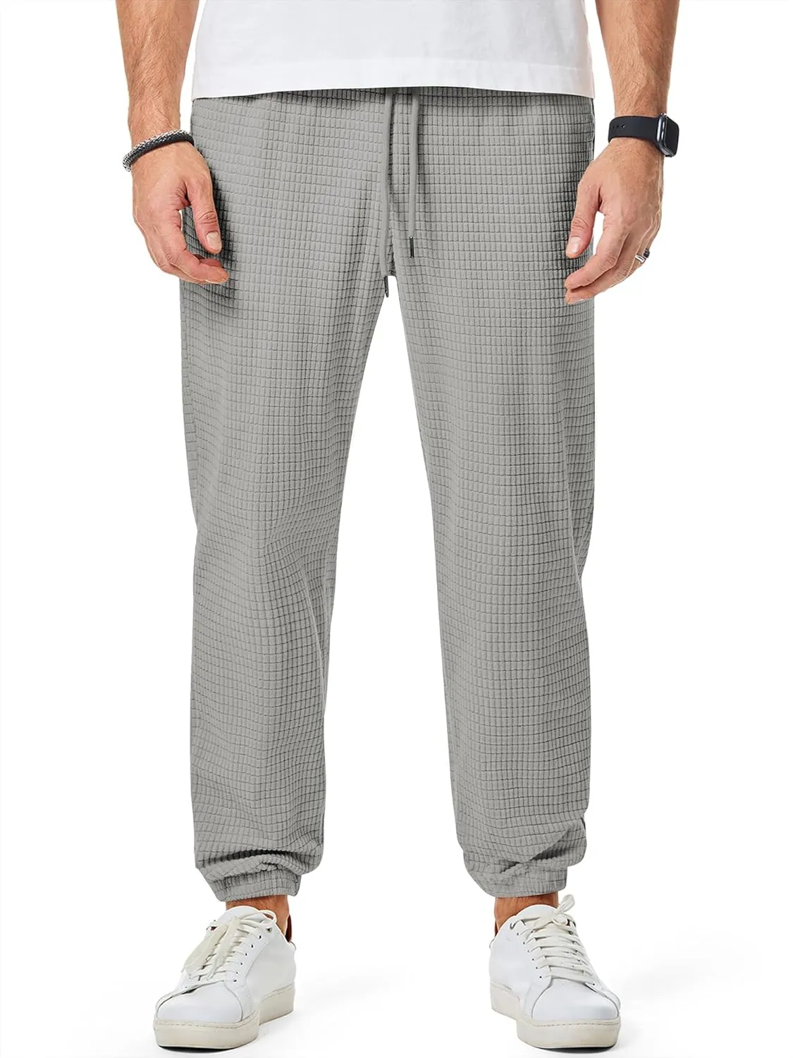 JMIERR Mens Casual Pants Waffle Textured Drawstring Stretch Elastic Waist Tapered Joggers with Pockets