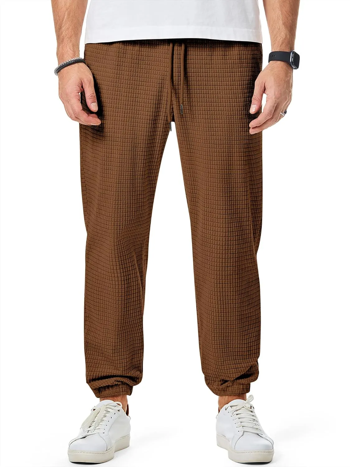 JMIERR Mens Casual Pants Waffle Textured Drawstring Stretch Elastic Waist Tapered Joggers with Pockets