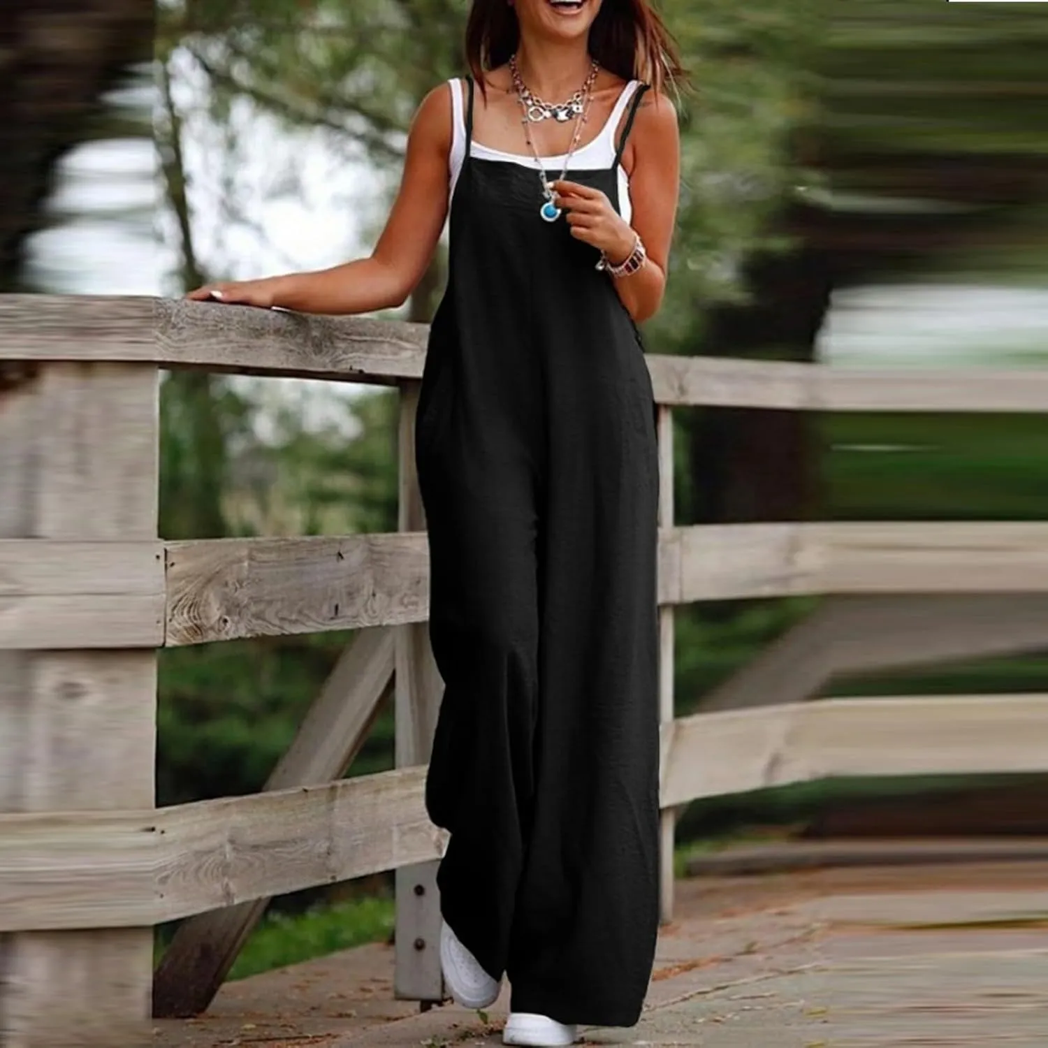 Jumpsuits for Women 2025 Casual Summer Overalls Sleeveless Strap Wide Leg Romper Trendy Beach Vacation Jumpers