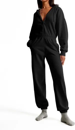 Jumpsuits for Women Casual Hoodie Long Sleeve Zip Up Sweatshirts Loose Jogger Sweatpants One Piece Romper Outfit
