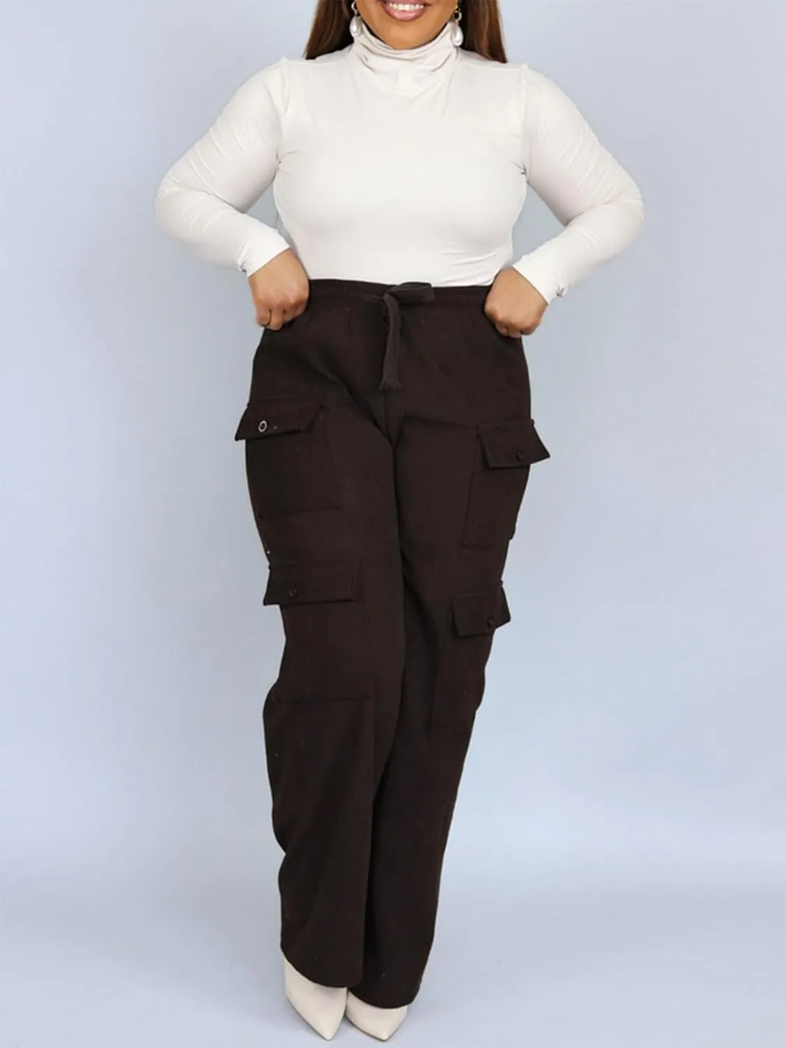 KANSOON Cargo Pants Women Corduroy High Waisted Casual Straight Leg Baggy Y2K Trousers with Multiple Pockets
