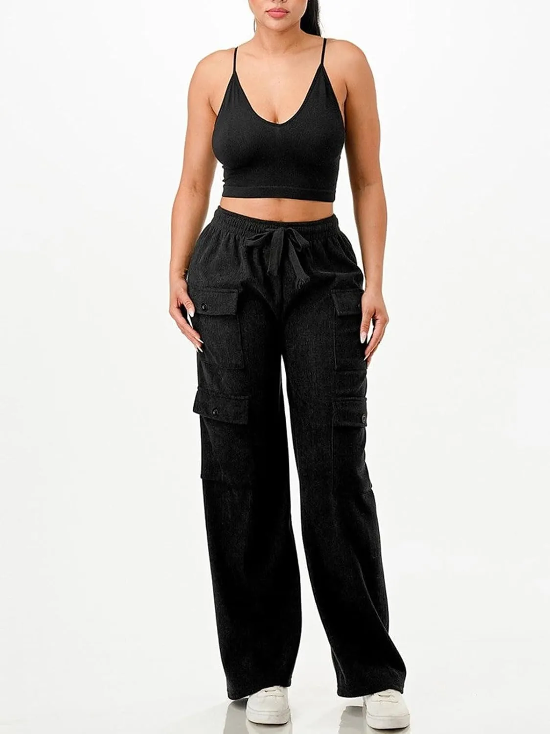 KANSOON Cargo Pants Women Corduroy High Waisted Casual Straight Leg Baggy Y2K Trousers with Multiple Pockets