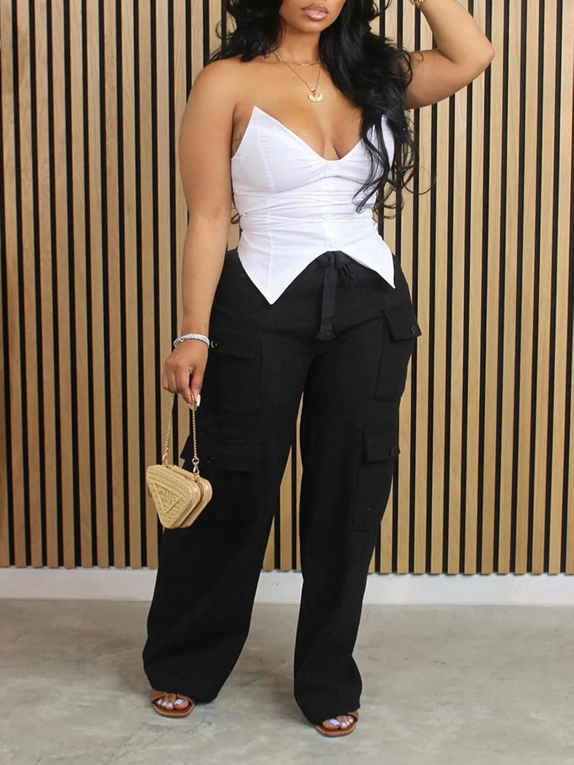 KANSOON Cargo Pants Women Corduroy High Waisted Casual Straight Leg Baggy Y2K Trousers with Multiple Pockets