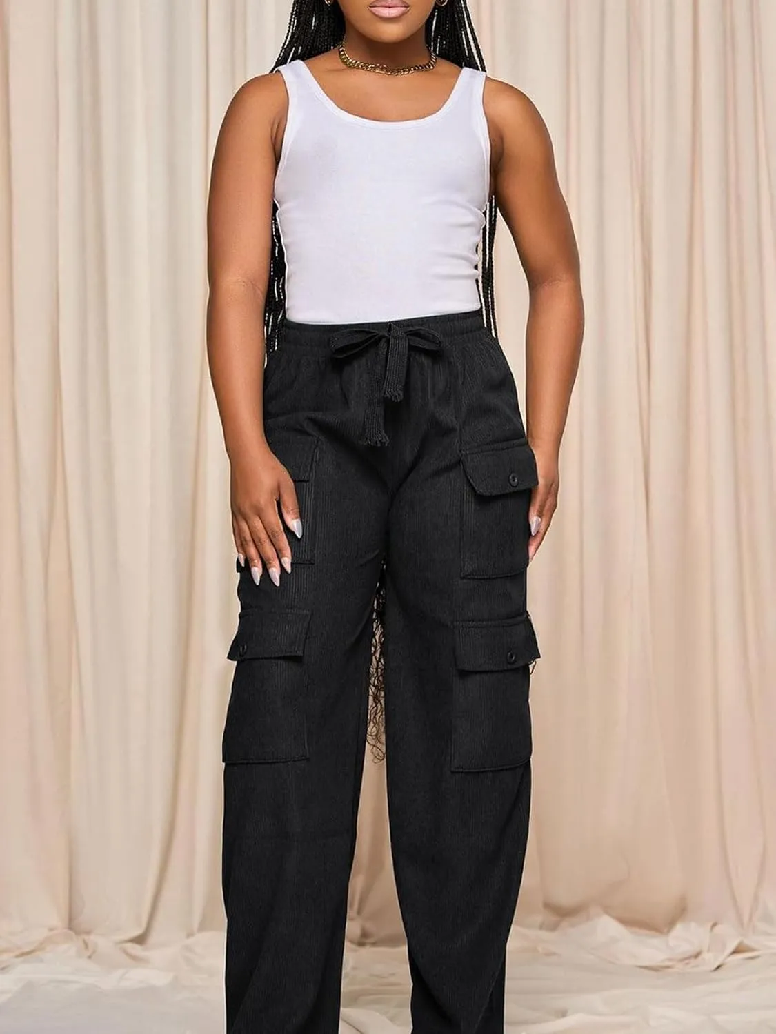 KANSOON Cargo Pants Women Corduroy High Waisted Casual Straight Leg Baggy Y2K Trousers with Multiple Pockets