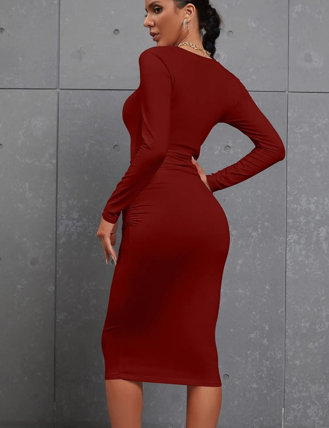 Kaximil Women's Sexy Bodycon Ruched Long Sleeve Basic Midi Club Party Pencil Dresses
