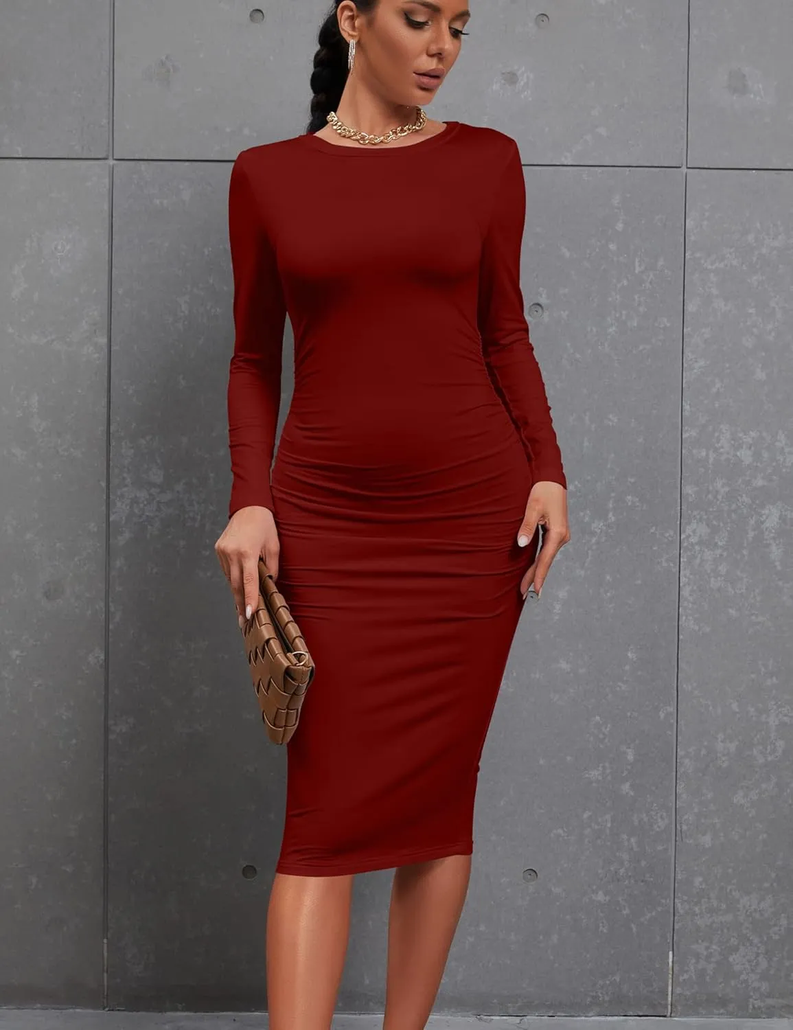 Kaximil Women's Sexy Bodycon Ruched Long Sleeve Basic Midi Club Party Pencil Dresses