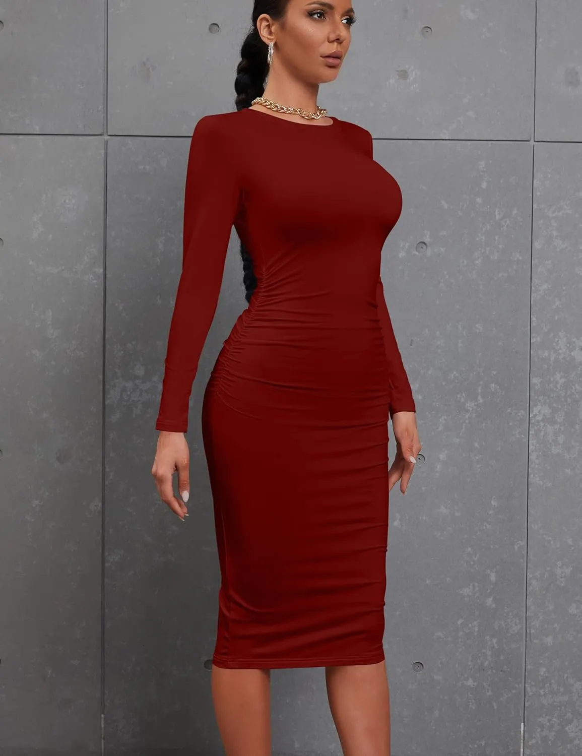 Kaximil Women's Sexy Bodycon Ruched Long Sleeve Basic Midi Club Party Pencil Dresses