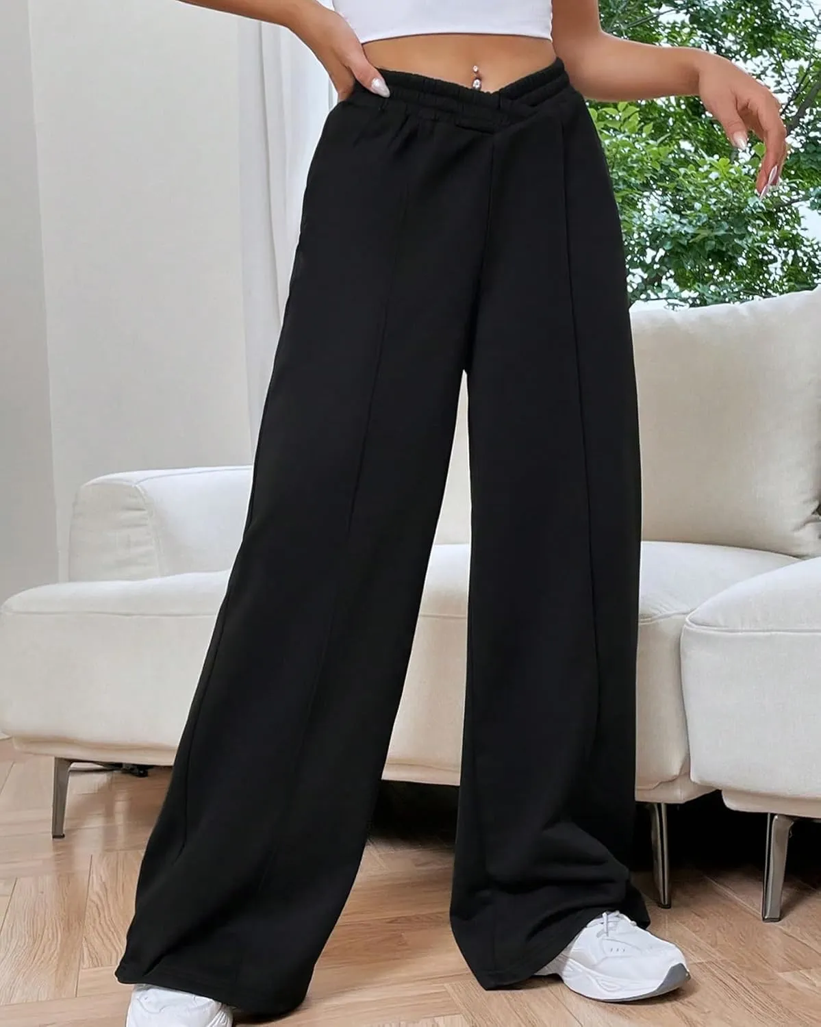 Kedera Womens High Waisted Wide Leg Sweatpants Casual Solid Color Asymmetrical Long Pants Trousers