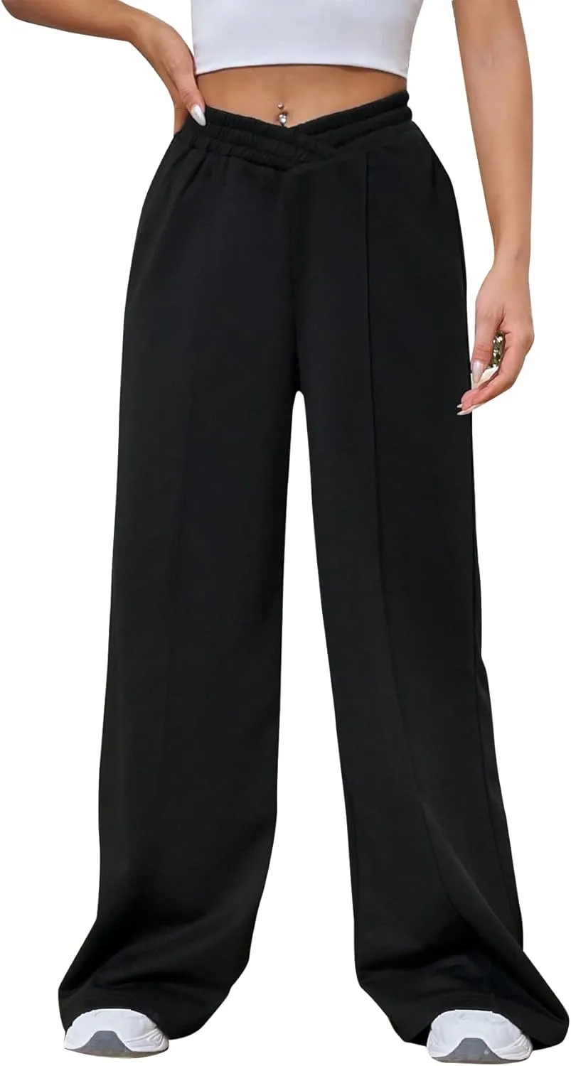 Kedera Womens High Waisted Wide Leg Sweatpants Casual Solid Color Asymmetrical Long Pants Trousers